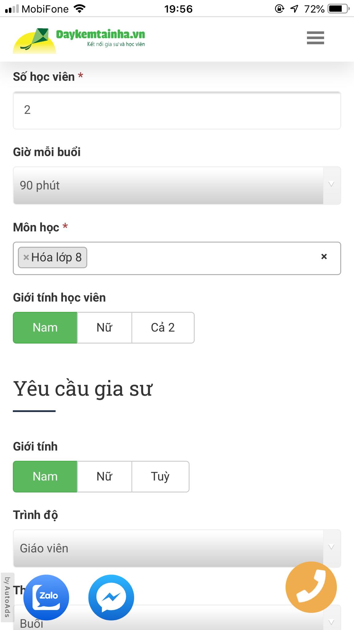 Học phí Hóa lớp 8